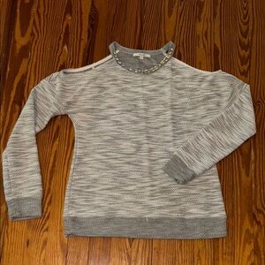Miss Me Gray Off-the-Shoulder Sweater with Ribbed Trim